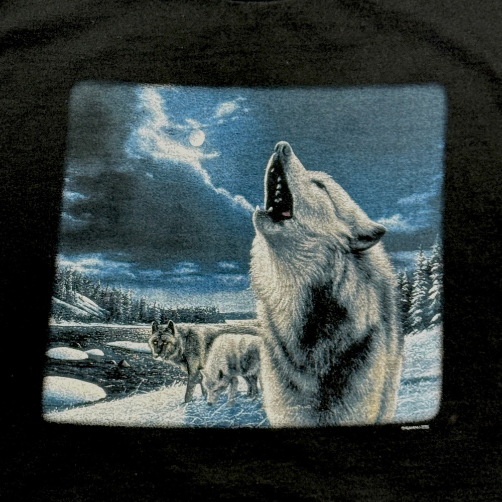 Vintage 90s Wolf Howling Moon T Shirt Mens L Fruit Loom Heavy Black Graphic